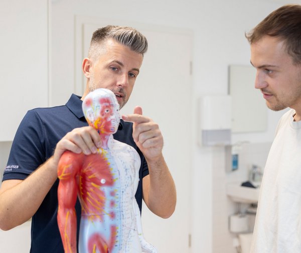 Dr. Schön zeigt einem Patienten die Muskulatur des Menschen an einem Modell